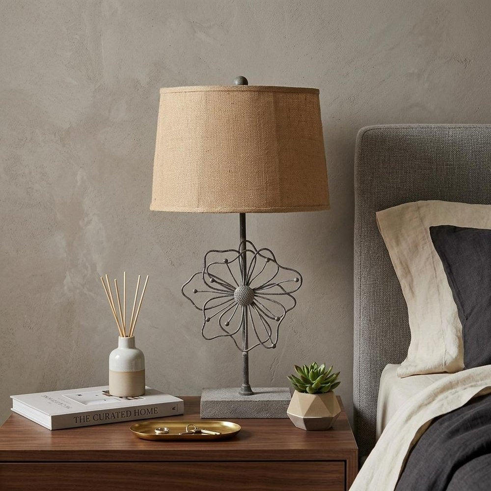 28" Distressed Gray Metal Novelty Bedside Lamp With Khaki Drum Shade