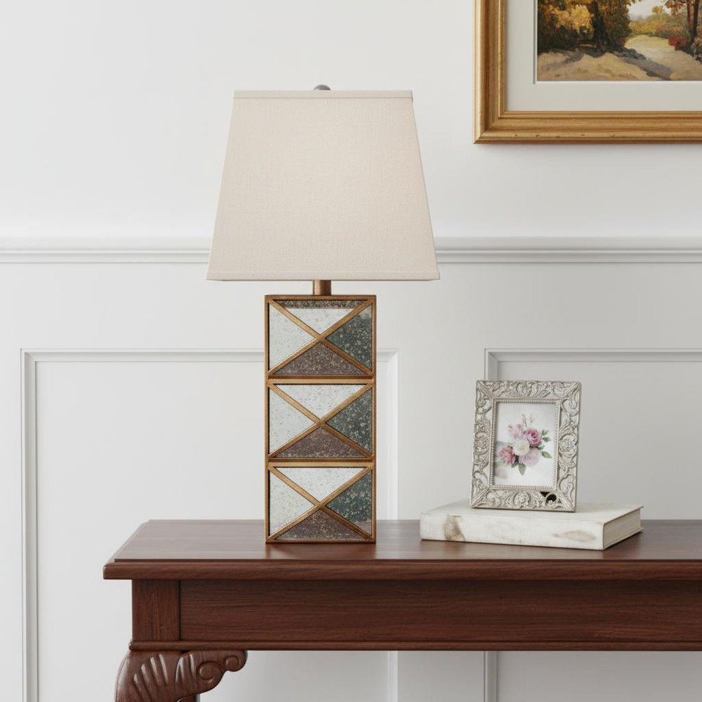 28" Distressed Gold And Silver Metal Bedside Lamp With Beige Shade
