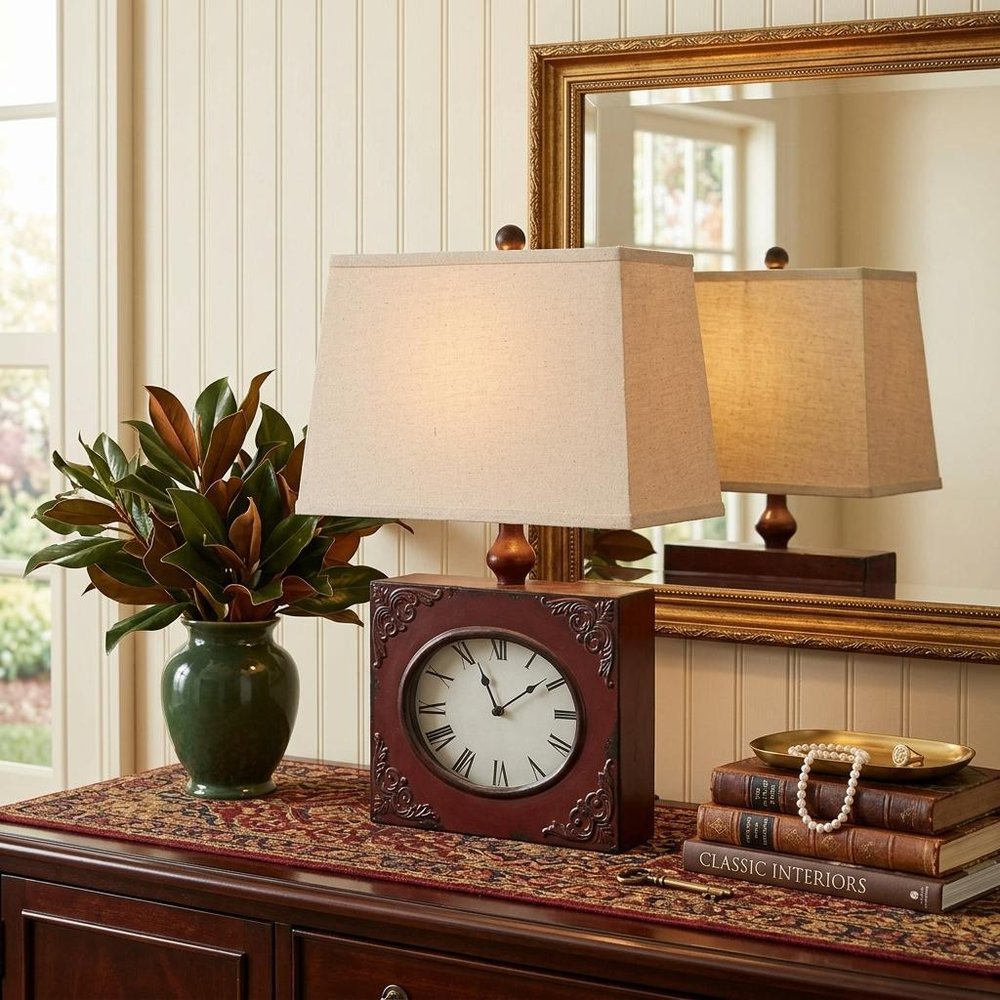 22" Distressed Red Metal Bedside Lamp With Beige Shade