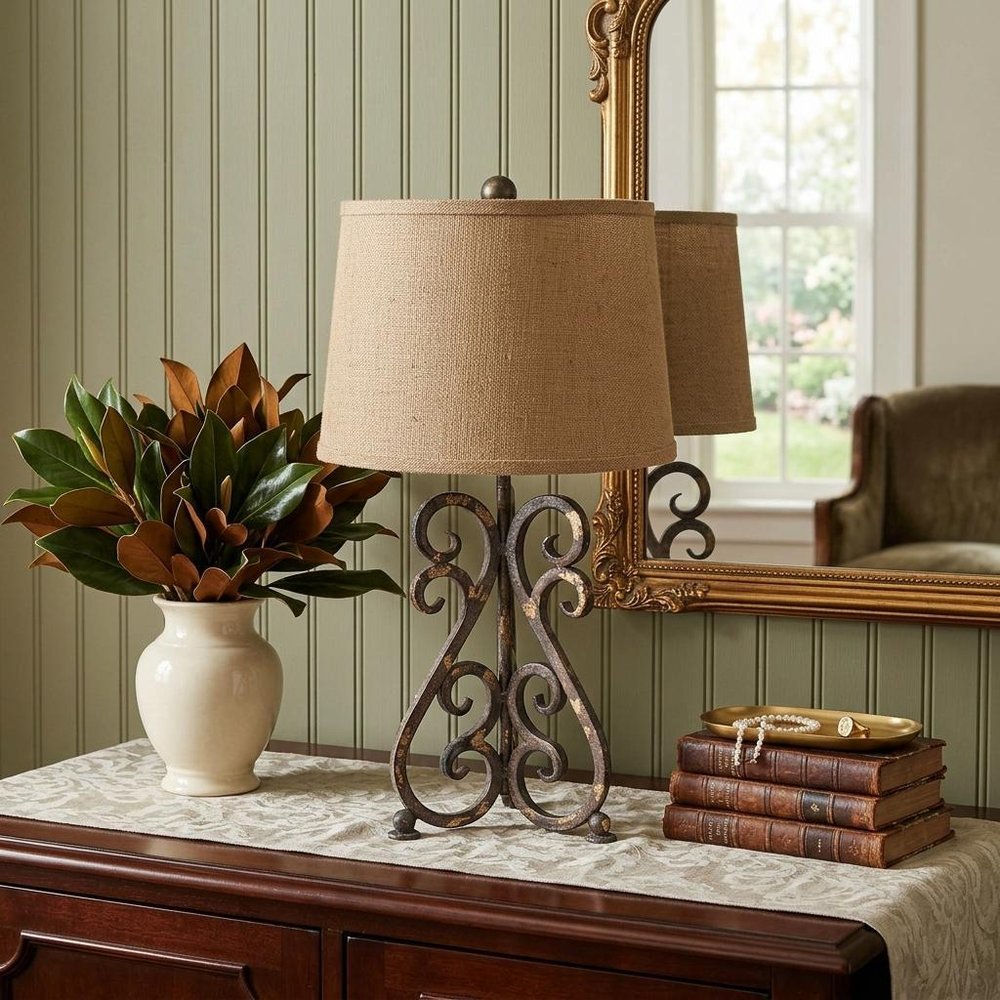 24" Distressed Bronze Metal Novelty Bedside Lamp With Khaki Drum Shade