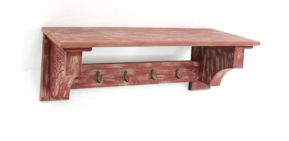 30" Red Distressed Wood Four Hook Wall Mounted Hanging Coat Rack