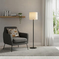 60" Black And White Floor Lamp With White Fabric Drum Shade
