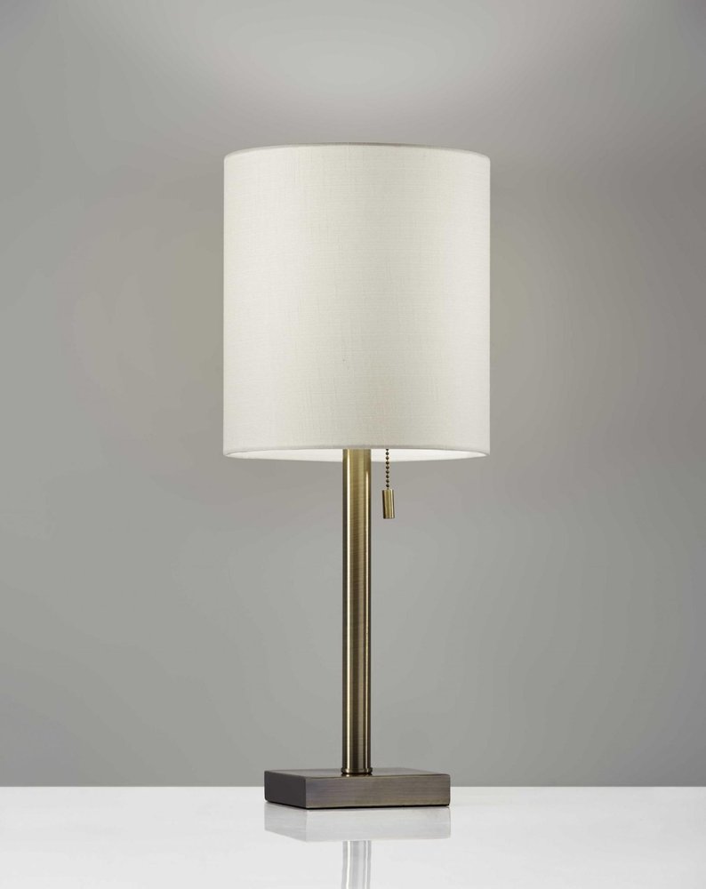 22" Antiqued Brass Metal Cylinder Table Lamp With Off White Drum Shade