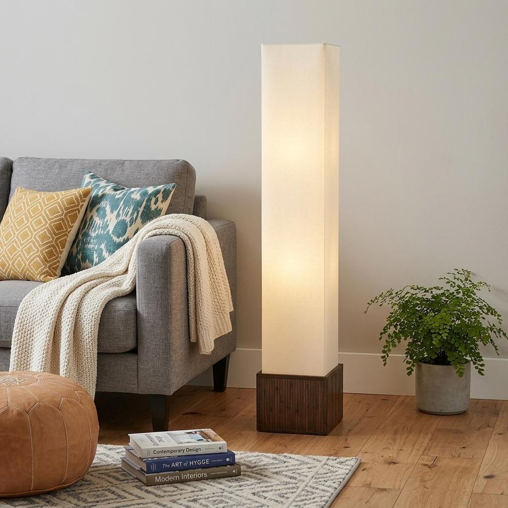 50" Brown And White Rattan Two Light Column Floor Lamp With White Fabric Shade