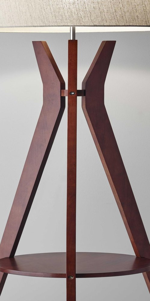 60" Brown And White Solid Wood Tripod Floor Lamp With White Fabric Drum Shade