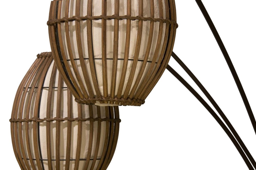 82" Bronze Three Light Tree Floor Lamp With Beige Wicker Cage Shade