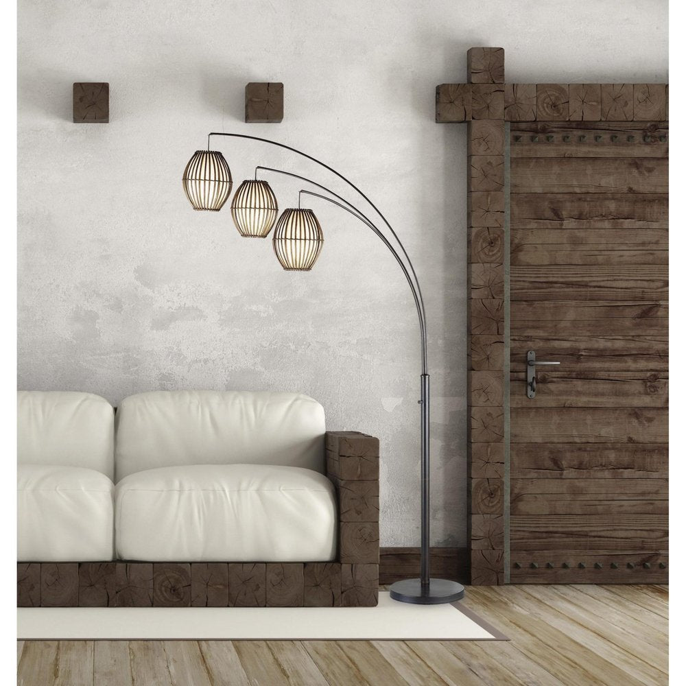 82" Bronze Three Light Tree Floor Lamp With Beige Wicker Cage Shade
