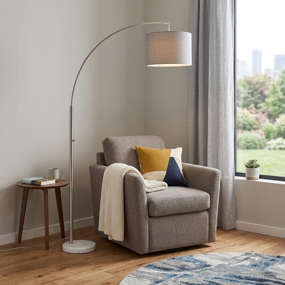 74" Silver Metal Arched Floor Lamp With Gray Linen Drum Shade