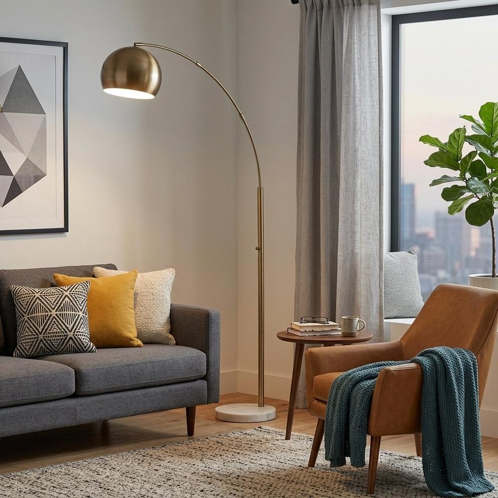 78" Brass Metal Arc Floor Lamp With Brass Metal Bowl Shade