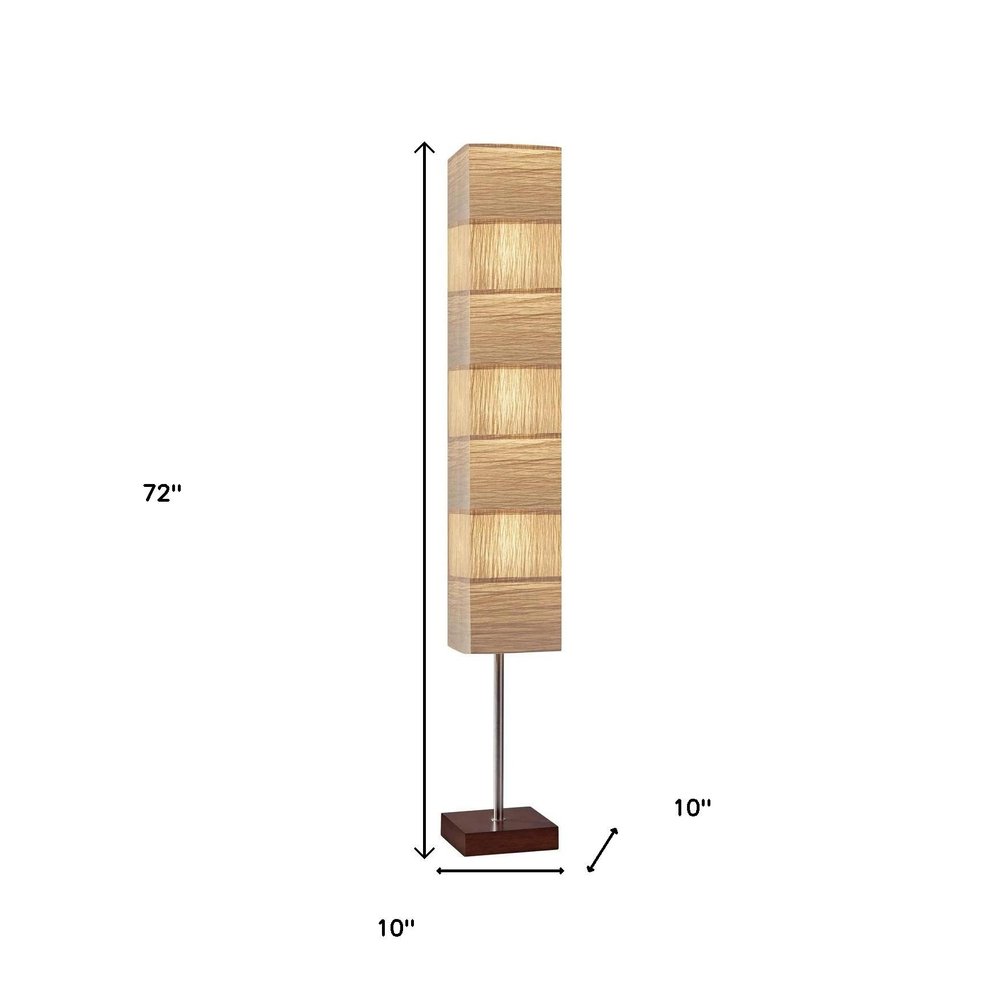 72" Brown And Silver Three Light Column Floor Lamp With Beige Paper Rectangular Shade