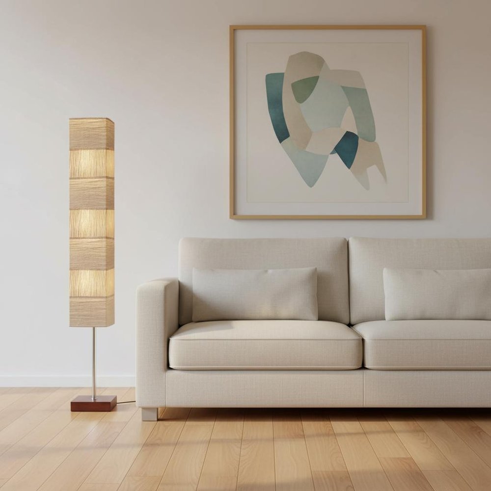 72" Brown And Silver Three Light Column Floor Lamp With Beige Paper Rectangular Shade
