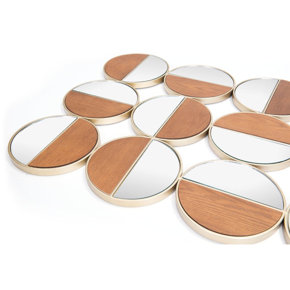 36" Gold And Walnut Steel Round Framed Accent Mirror