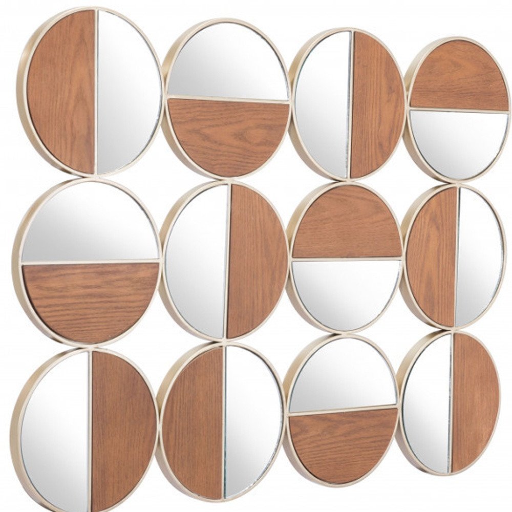 36" Gold And Walnut Steel Round Framed Accent Mirror