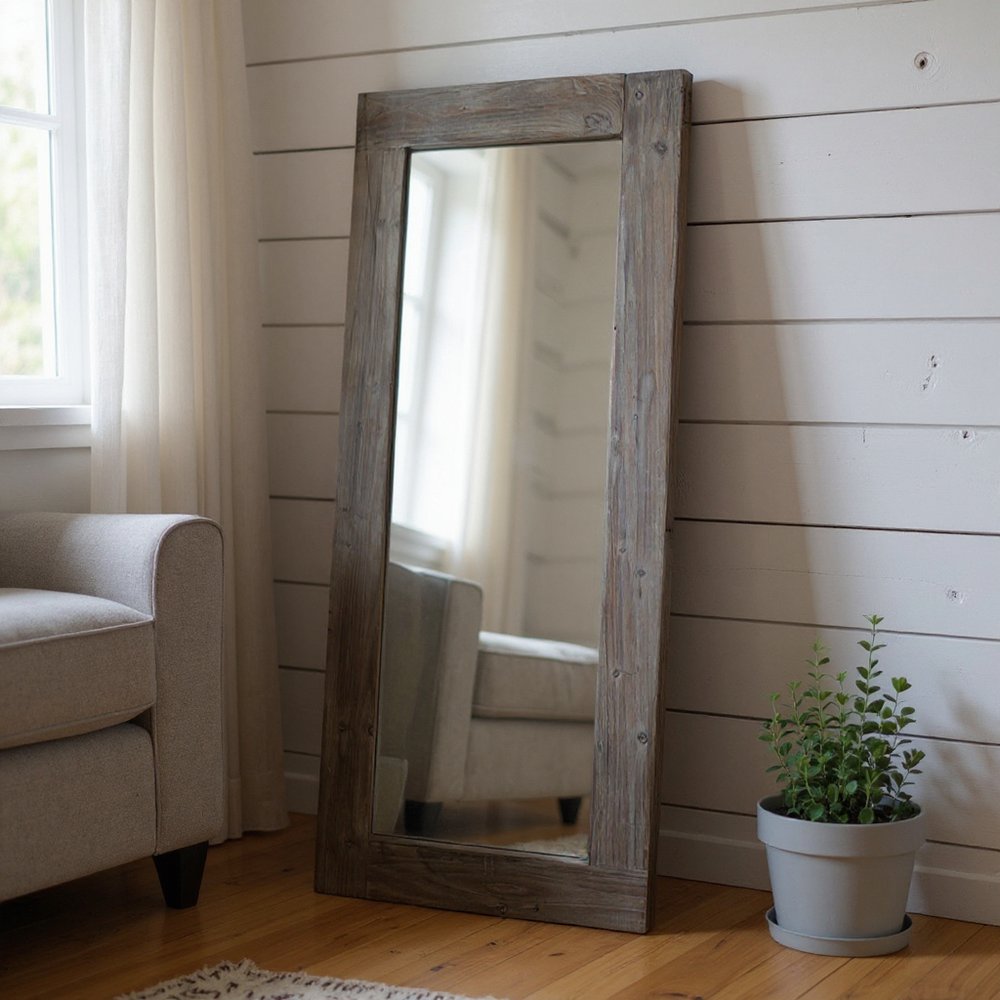 58" Dark Brown Solid Wood Wall Mounted And Freestanding Framed Accent Mirror