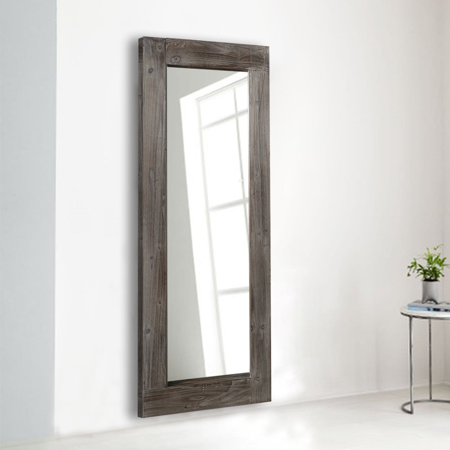 58" Dark Brown Solid Wood Wall Mounted And Freestanding Framed Accent Mirror