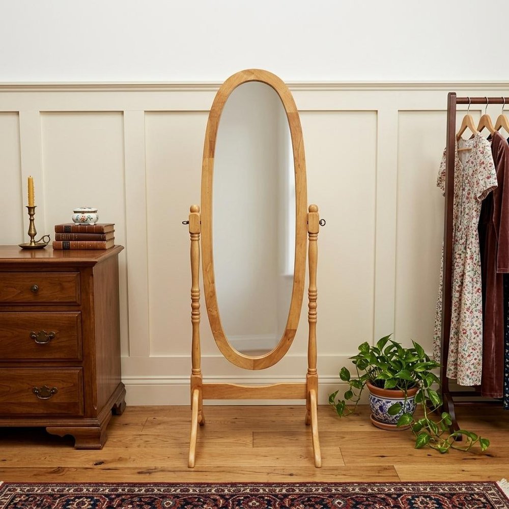 60" White Oval Wood Framed Freestanding Cheval Mirror