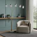 84" Gold And White Five Light Arched Floor Lamp With White Acrylic Drum Shade