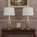 Set Of Two 30" Silver Metal Two Light Bedside Table Lamps With White Globe Shade