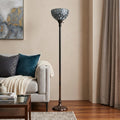 62" Brown And White Torchiere Floor Lamp With White Peacock Feather Glass Dome Shade