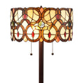 63" Beige Metal Two Light Torchiere Floor Lamp With Red And White Flowers Glass Drum Shade