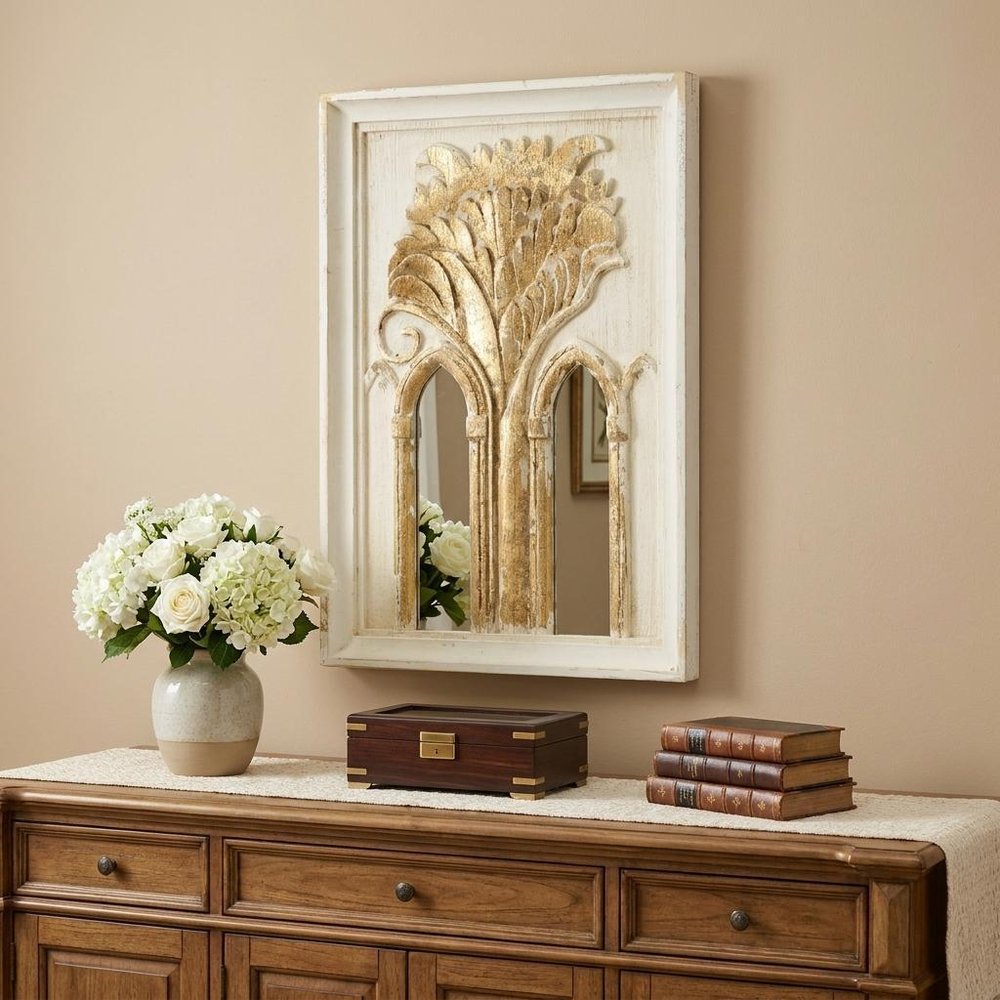 Set of Two 30" White and Gold Wood Framed Accent Mirrors