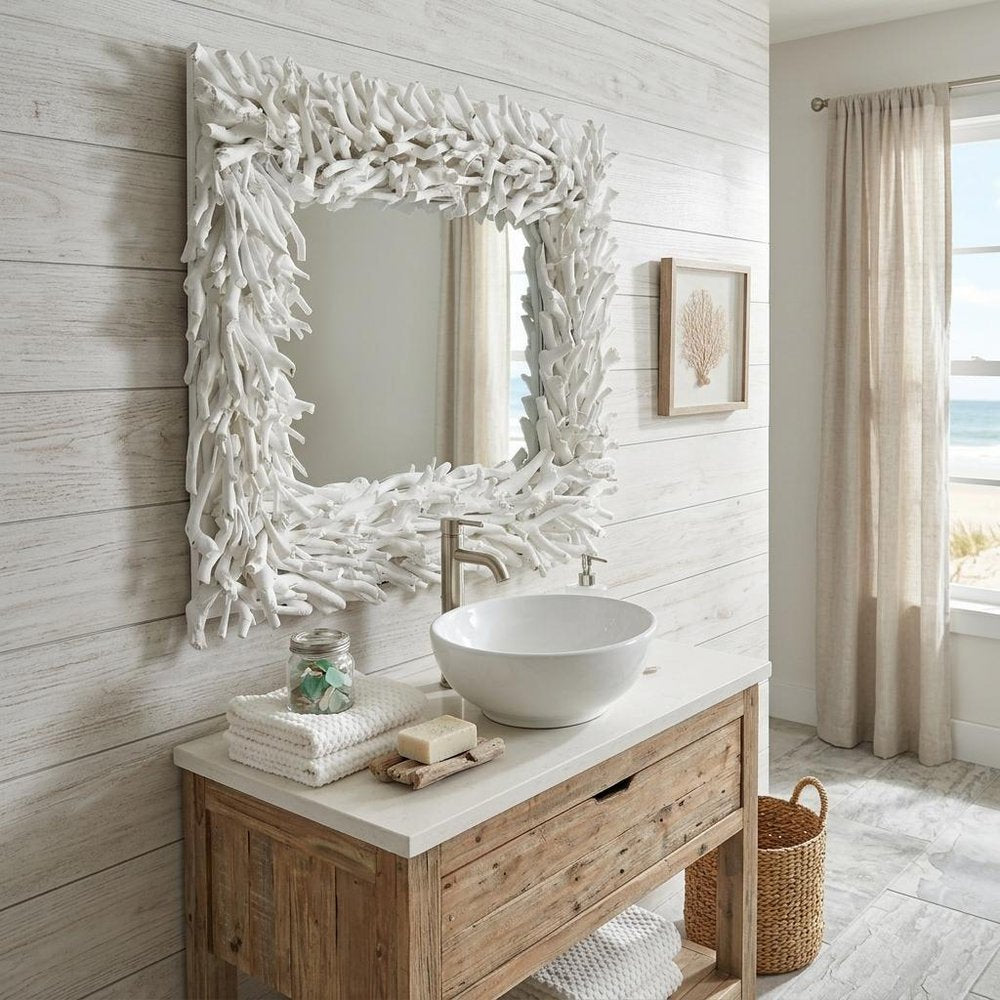 28" White Rattan Framed Accent Mirror