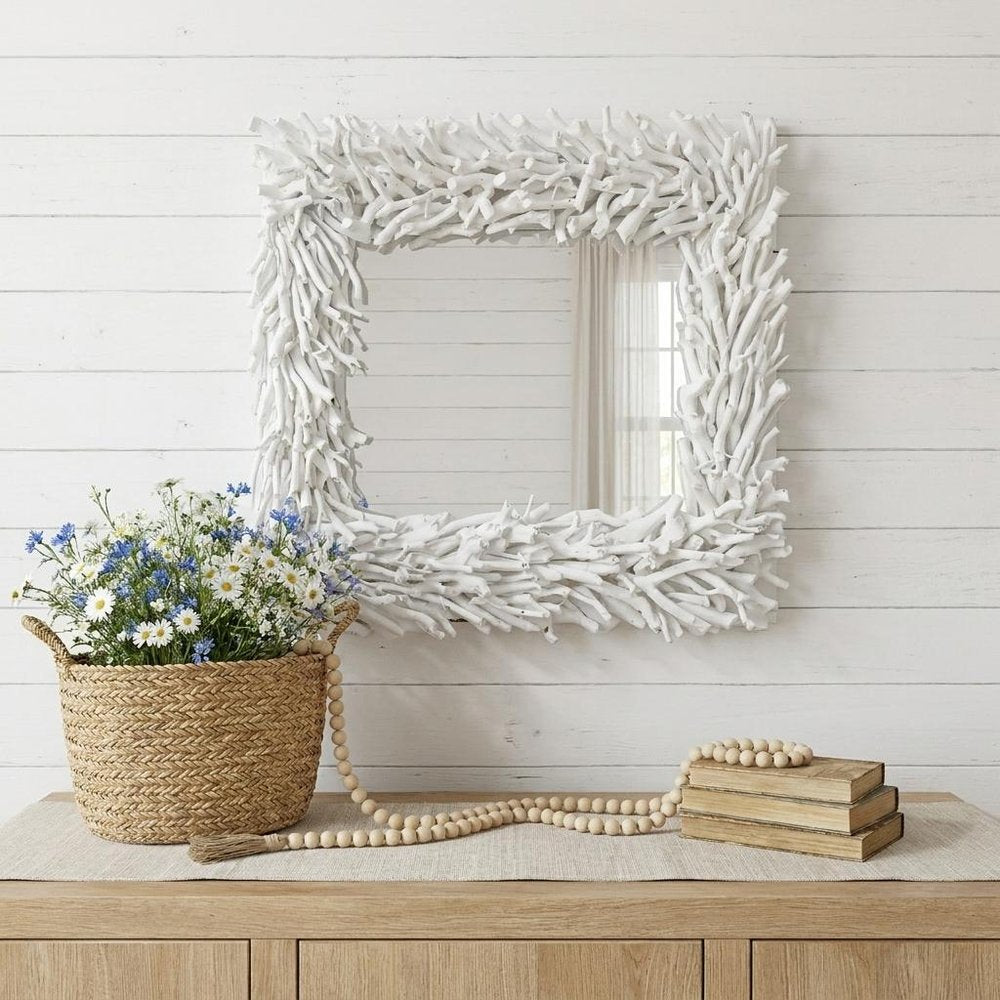 28" White Rattan Framed Accent Mirror
