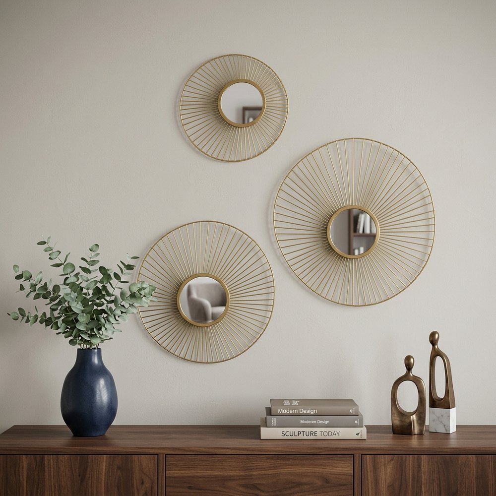 Set of Three Gold Iron Sunburst Framed Accent Mirror