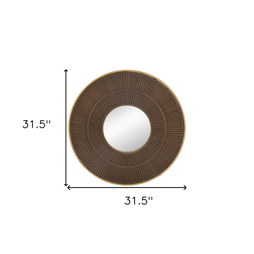32" Brown And Gold Round Wood And Metal Framed Accent Mirror
