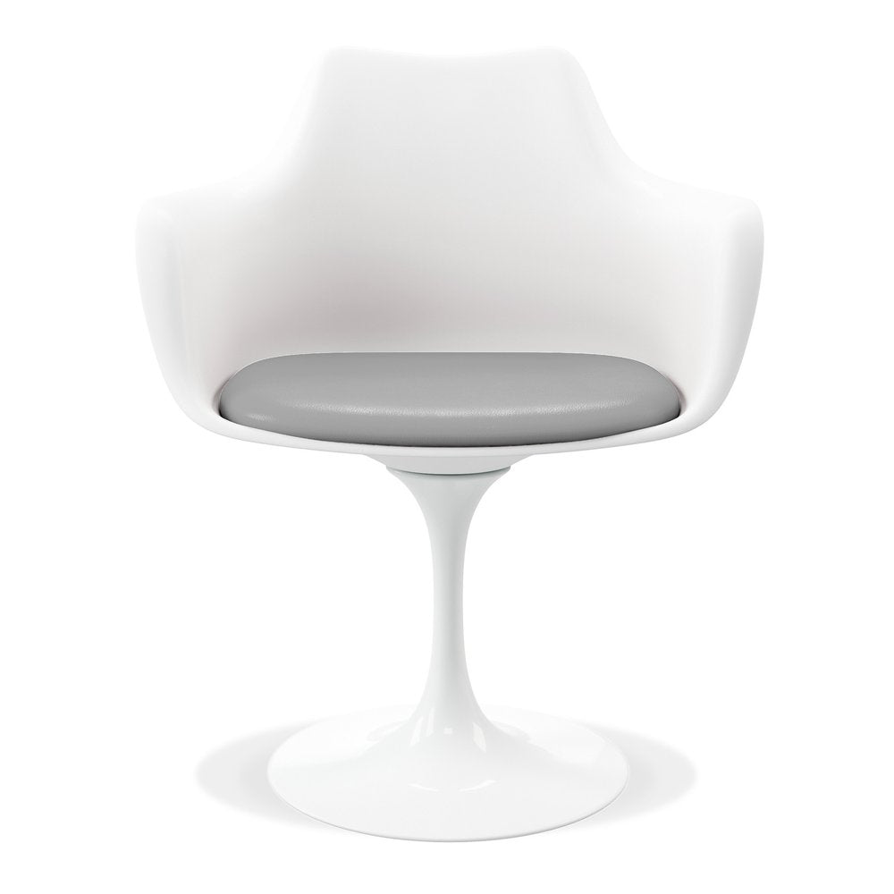 White Heavy Duty Plastic Swivel Dining Arm Chair With Gray Faux Leather Cushion