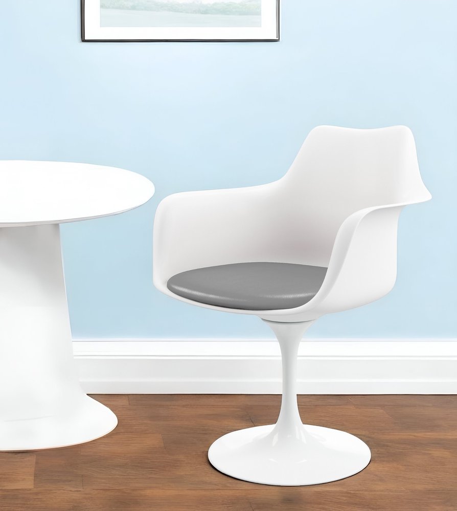 White Heavy Duty Plastic Swivel Dining Arm Chair With Gray Faux Leather Cushion