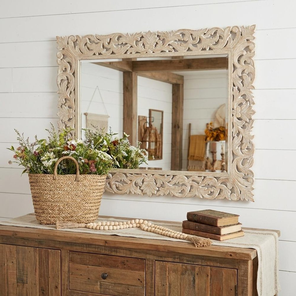 47" Antiqued White Solid Wood Carved Scrollwork Accent Mirror