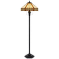 60" Bronze Two Light Traditional Shaped Floor Lamp With Orange and Ivory Abstract Tiffany Glass Empire Shade