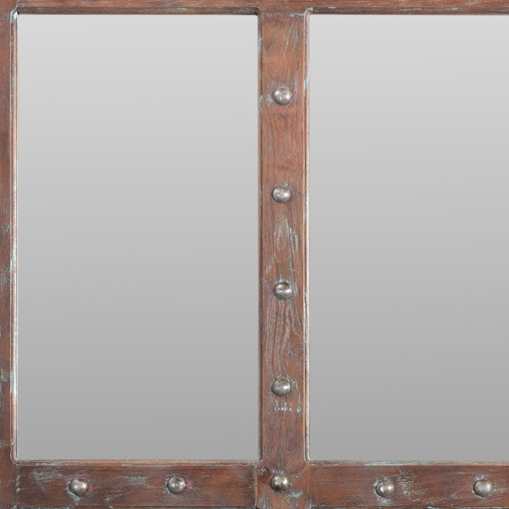 60" Wood Brown Rustic Solid Wood Window Pane Framed Accent Mirror