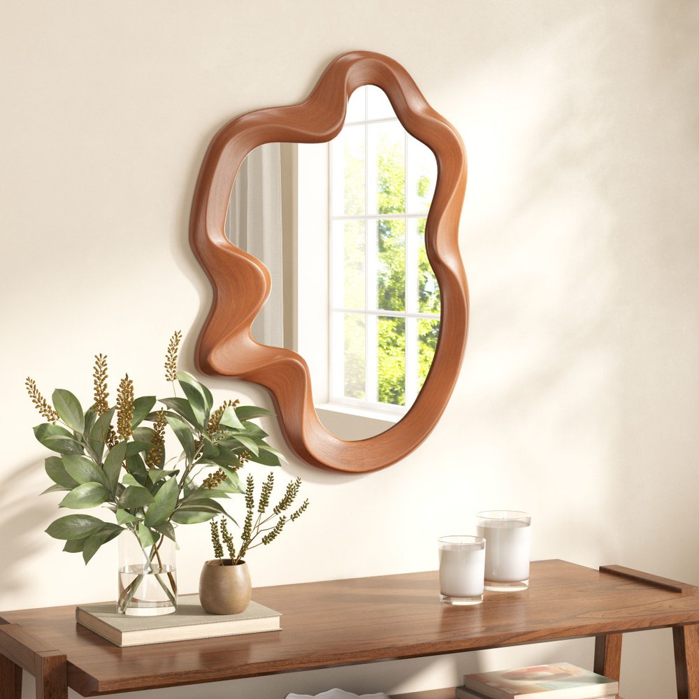 35" Brown Solid Wood Abstract Geometric Framed Accent Mirror