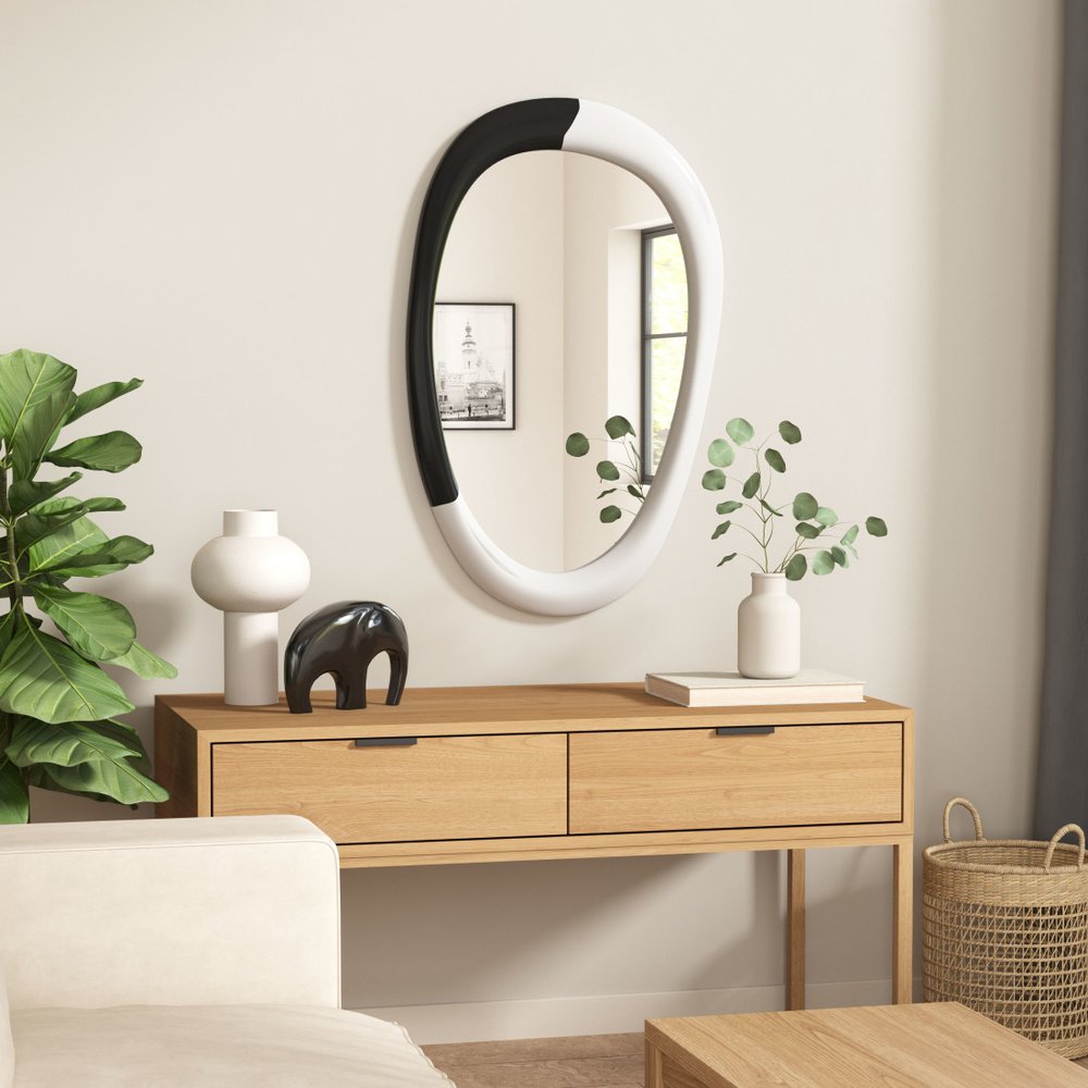 31" Black And White Steel Oval Geometric Framed Accent Mirror