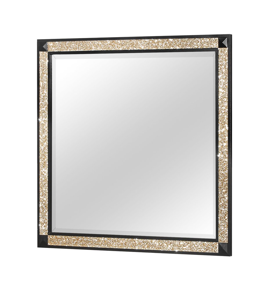 36" Black And Gold Faux Crystal And Wood Dresser Mount Framed Mirror