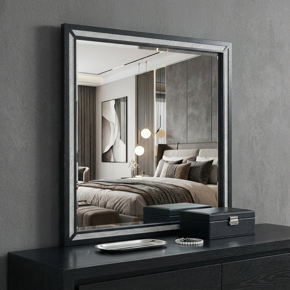 37" Black Faux Crystal And Wood Dresser Mount Framed Mirror