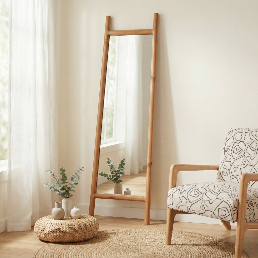 70" Natural Solid Wood Leaning Geometric Framed Standing Mirror