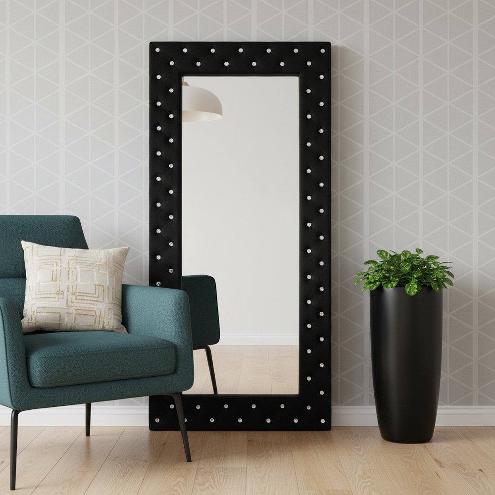 71" Black Wood and Faux Crystal Framed Freestanding and Wall Mount Standing Mirror
