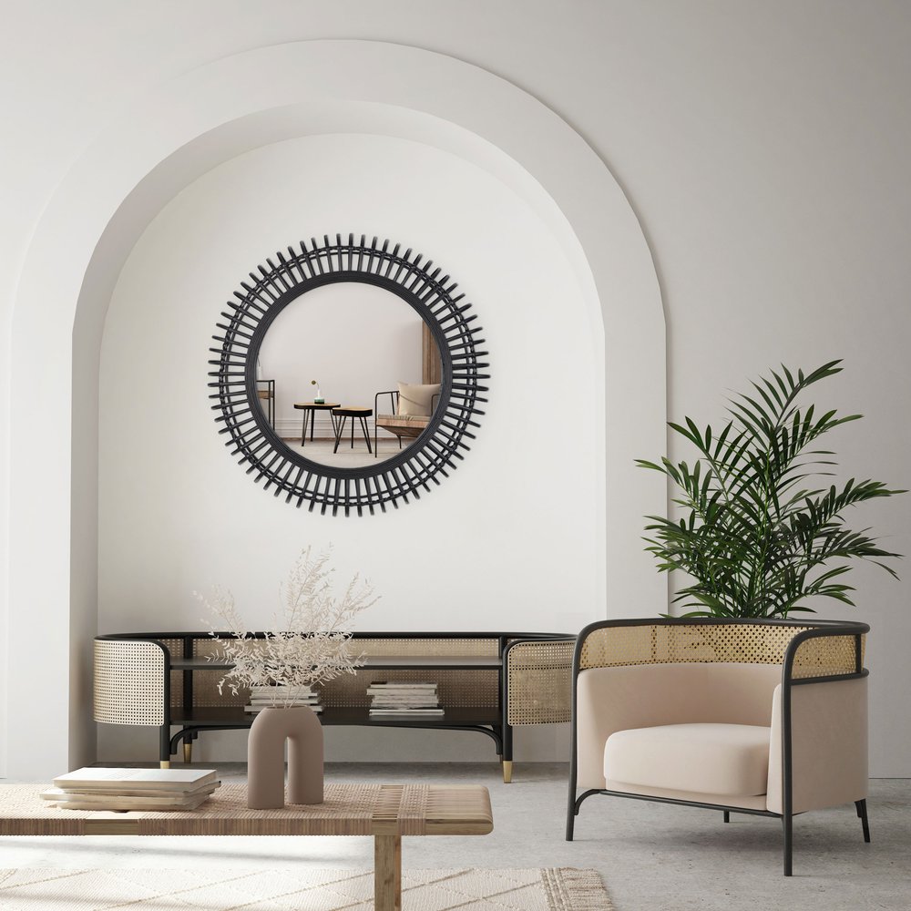 31" Black Bamboo Pierced Round Accent Mirror