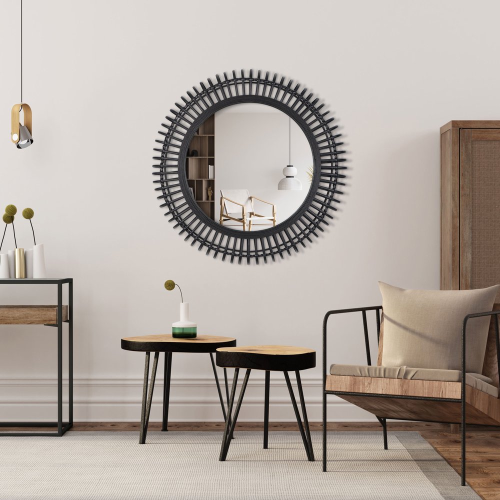 31" Black Bamboo Pierced Round Accent Mirror