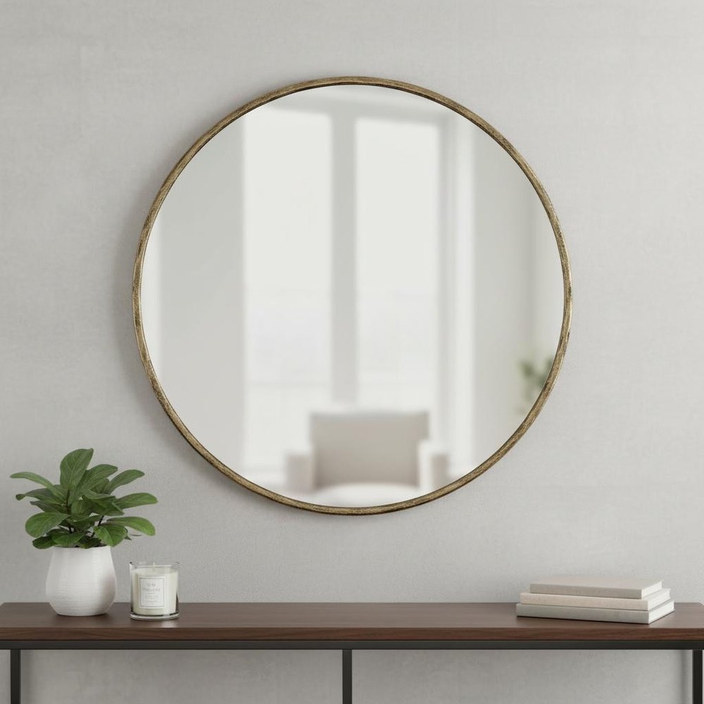 36" Antiqued Brass Iron Round Framed Accent Mirror