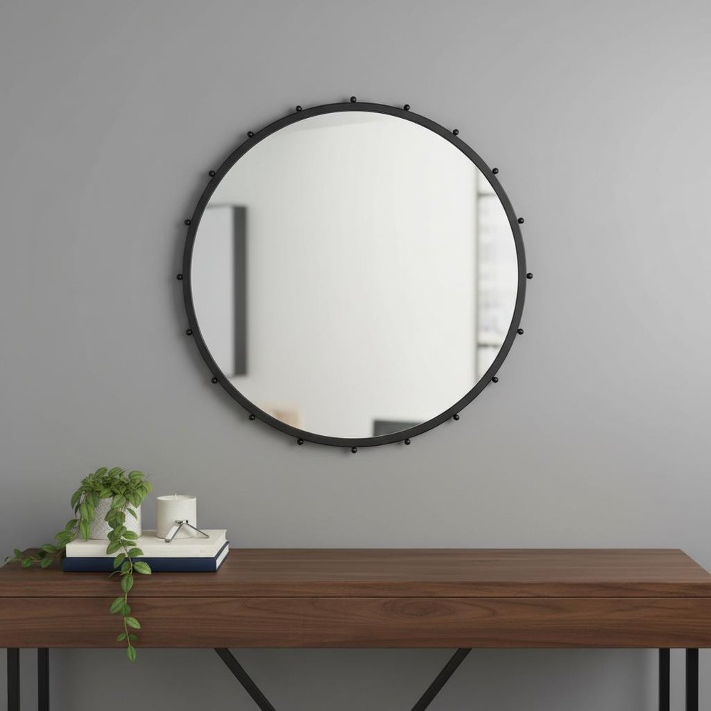 44" Black Metal Round Beaded Framed Accent Mirror