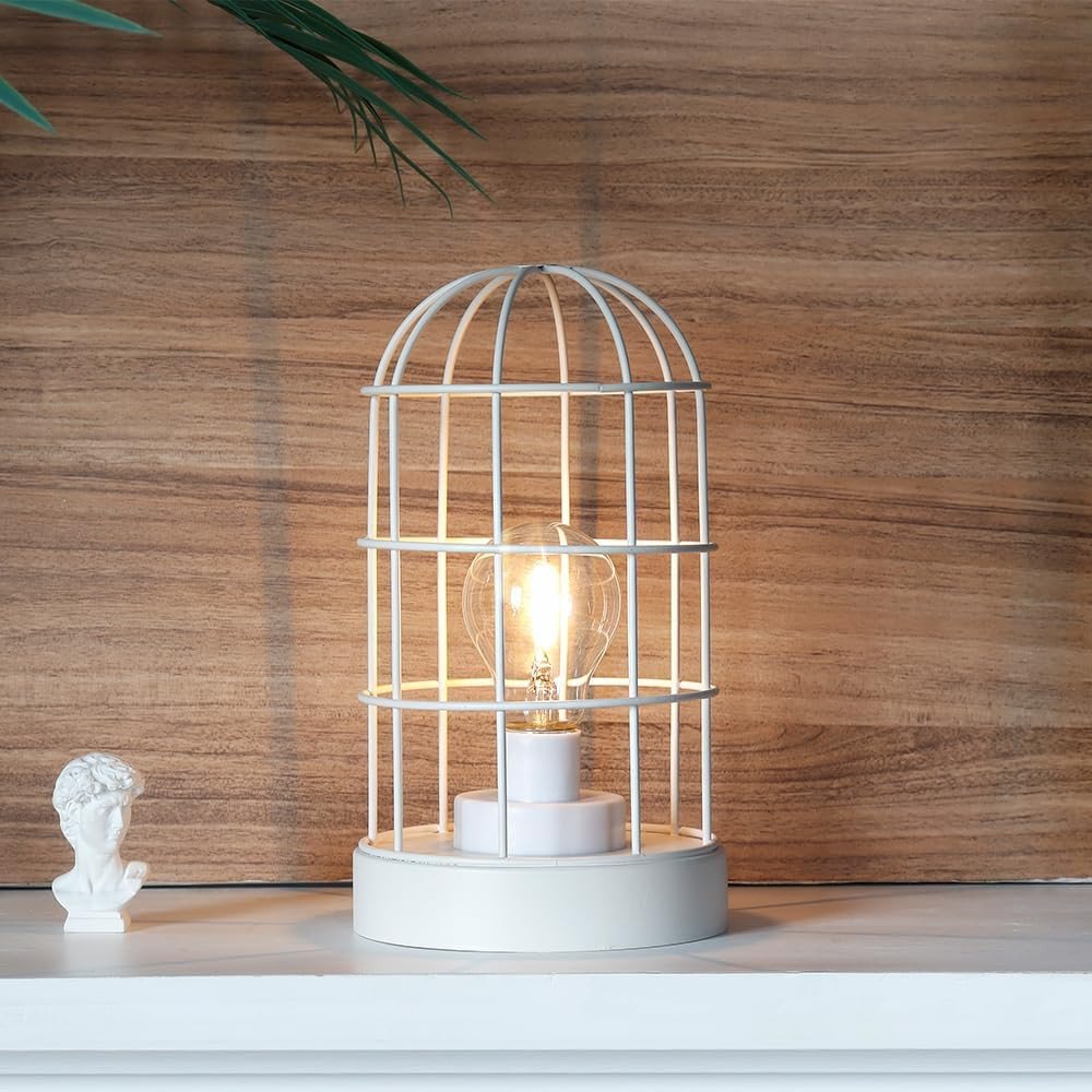 10" White Battery Operated Lamp With Cage Cylinder Shade