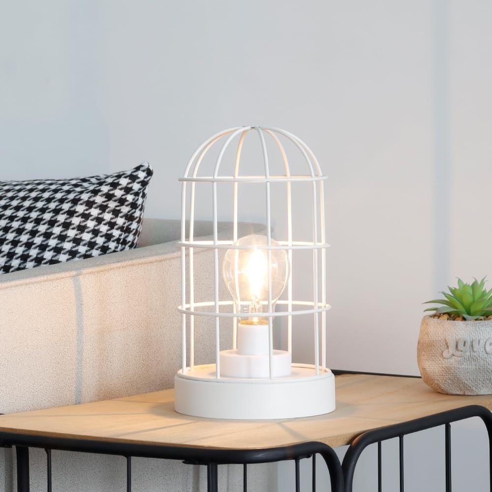 10" White Battery Operated Lamp With Cage Cylinder Shade
