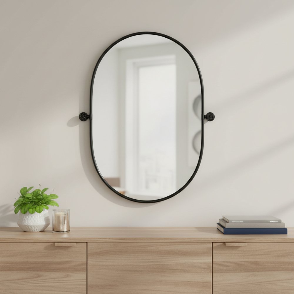 32" Black Aluminum Oval Adjustable Tilting Framed Accent Mirror