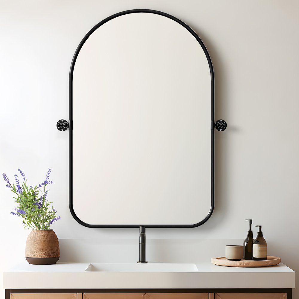 32" Black Arch Metal Swivel Framed Accent Mirror