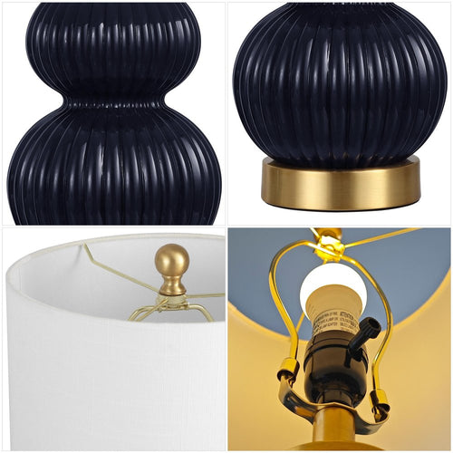 20" Navy Blue And Gold Gourd Table Lamp With Drum Shade