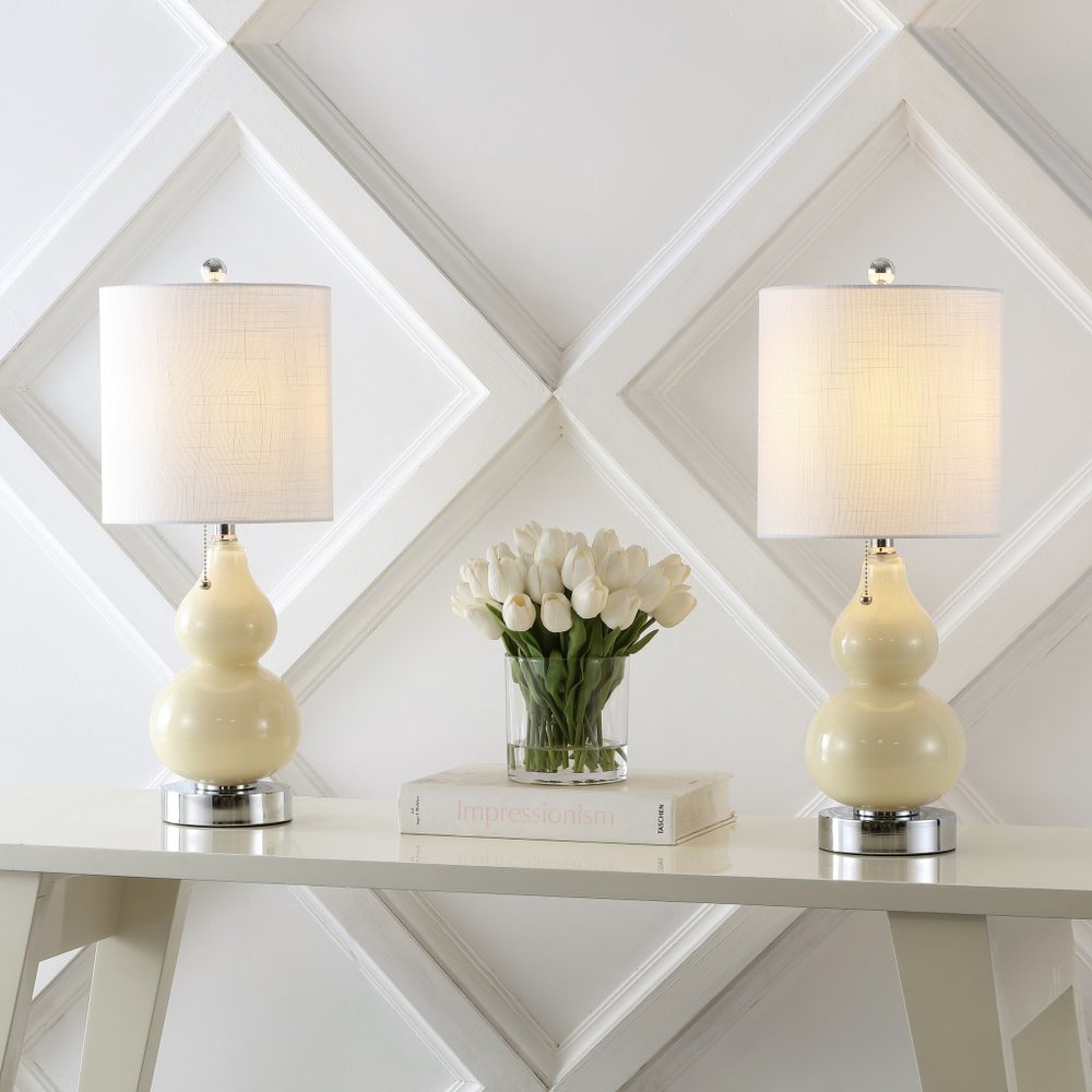 Set of Two 22" Silver Gourd Table Lamps With Drum Shades